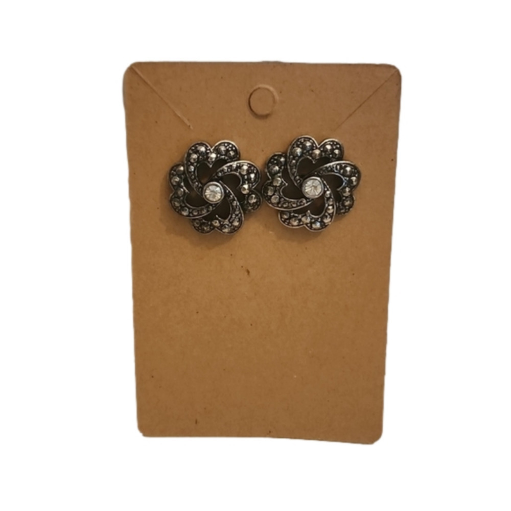 💍3 for $15 - Silvertone Flower Shaped Earrings with Center  Diamond Simulants